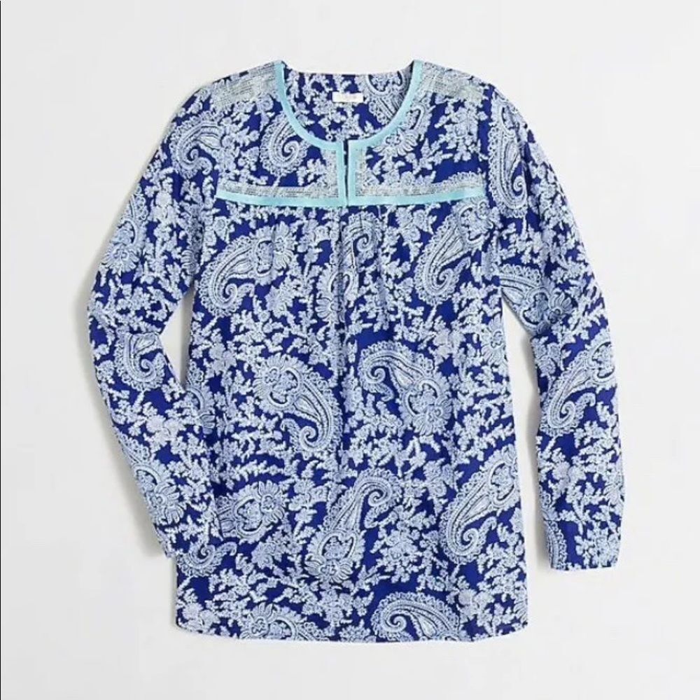 J‎ Crew Printed Peasant Blue Paisley Blouse Size M